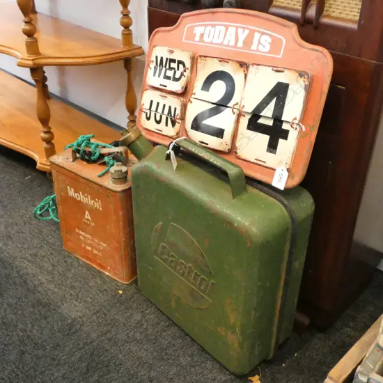 2 PETROL CANS; CASTROL, MOBIL + CALENDAR