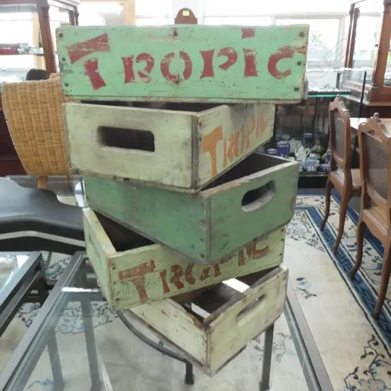 5 VINTAGE WOODEN 'TROPIC' DRINKS CRATES