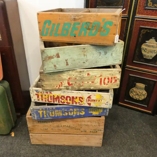 6 ASST. VINTAGE WOODEN DRINKS CRATES 