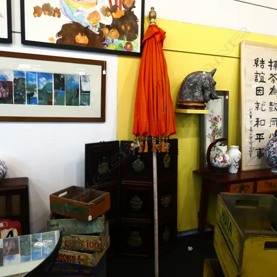 INDIAN STYLE ORANGE COTTON SUN UMBRELLA WITH GOLD HEART TRIM 2.7M H