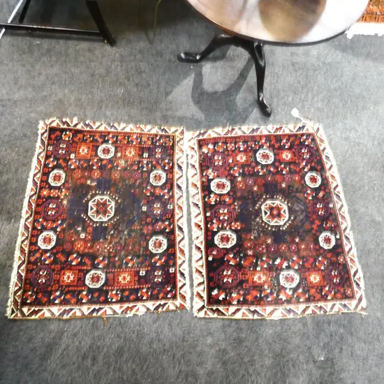 PAIR OF SMALL HAND KNOTTED RUGS 830 X720 MM SHOWING WEAR