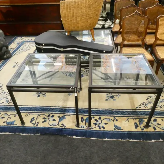 PR  SMALL METAL BASED OCCASIONAL TABLE WITH GLASS TOP 650 MM SQ H. 585MM