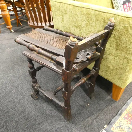 A GEO III JACOBEAN STYLE FRUITWOOD HIGH BACK CHAIR BACK BROKEN WITH BORER
