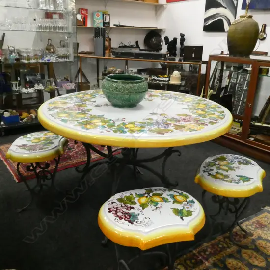 ITALIAN CIRCULAR IRON & CERAMIC TABLE + 4 STOOLS DIA 1350 MM