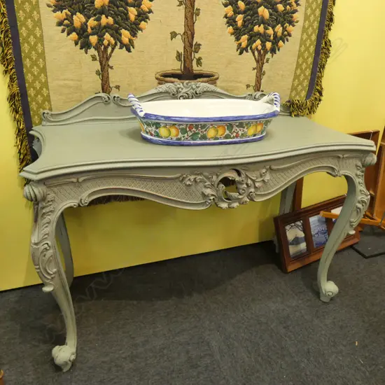 PAINTED ROCOCO CARVED WALNUT CONSOLE TABLE