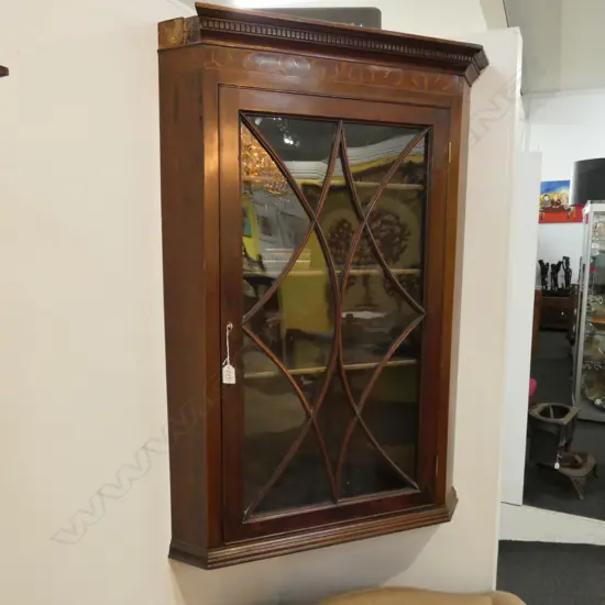 GLAZED ANTIQUE CORNER CABINET H. 1830MM