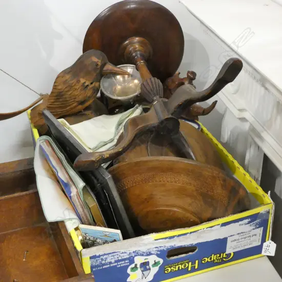 BOX LOT ASST. WOODEN PCES, EP, TABLE ETC