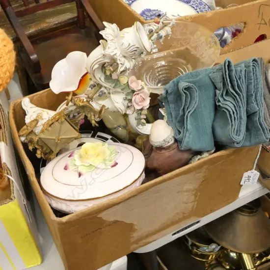 BOX LOT ASST CHINA, LINEN NAPKINS ETC