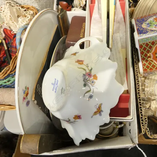 BOX LOT ASST. CHINA, NORITAKE COFFEE SERVICE, FAN ETC