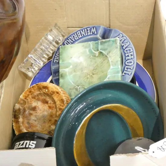 A SELECTION OF AIRLINE + LINER ASH TRAYS + OTHERS + GLASS PAPERWEIGHT