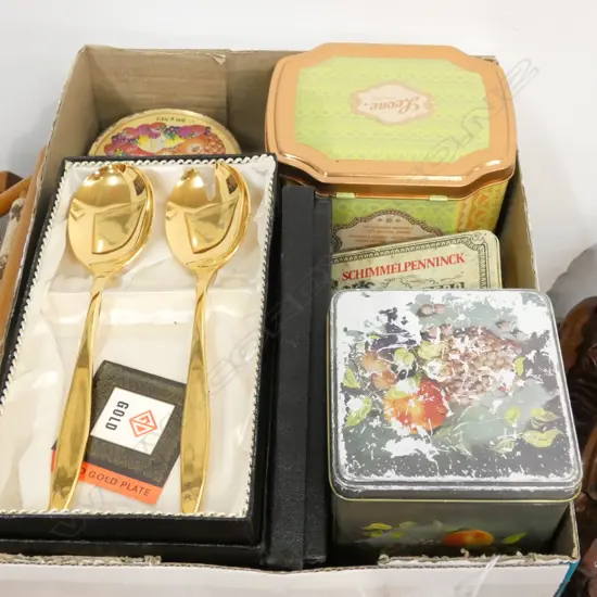 ASST COLLECTABLE TINS + GOLD PLATED CUTLERY