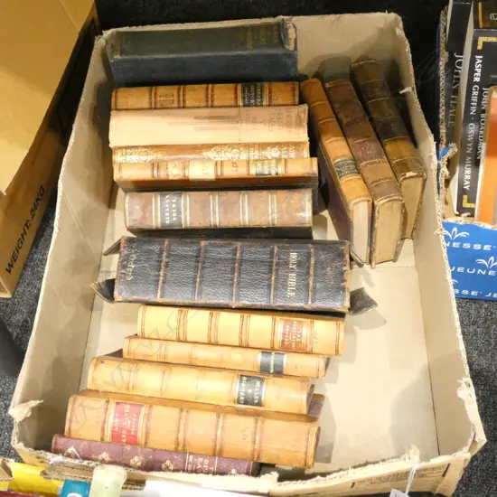 BOX OF OLD LEATHER BOUND BOOKS & BIBLE