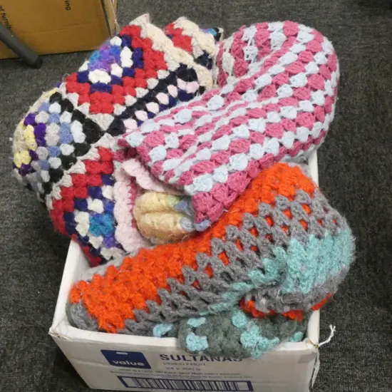BOX LOT CROCHET WOOLEN BLANKETS 