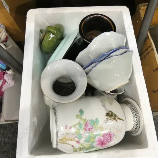 BOX LOT ASST. ORIENTAL CHINA & VASES ETC