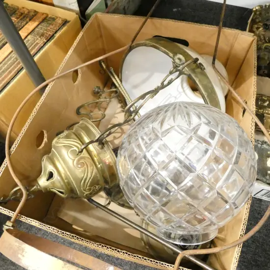 BOX LOT HANGING LAMP WITH OPALINE SHADE + CRYSTAL ORB
