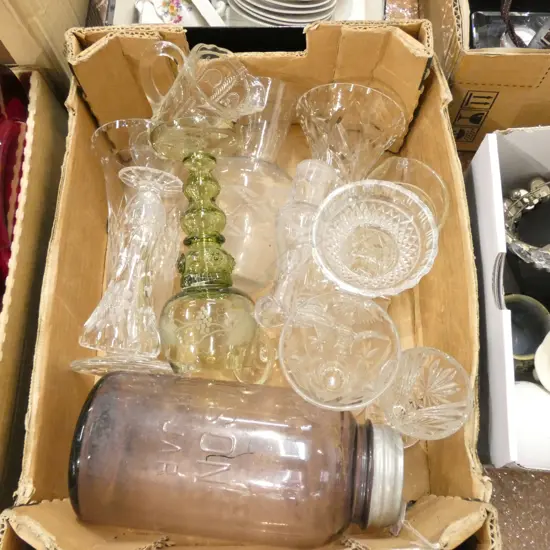 BOX ASSORTED GLASS VASES, ETC.