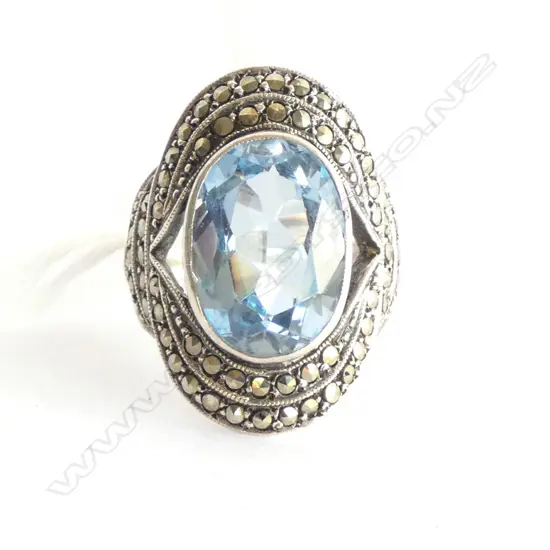 Ring, Stg Silver Marquisite and Blue (?) stone