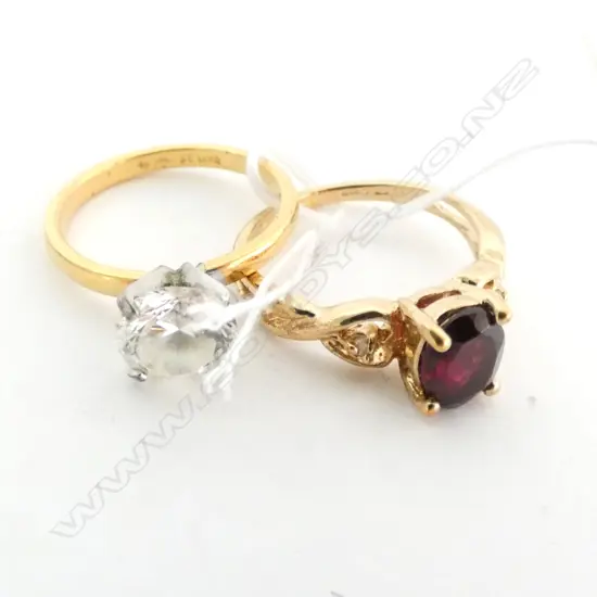 9CT GOLD  GARNET RING & GOLD PLATED FAUX DIAMOND RING