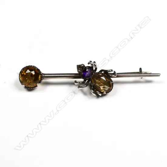 CITRINE & AMETHYST SPIDER STICK PIN BROOCH  L. 52MM