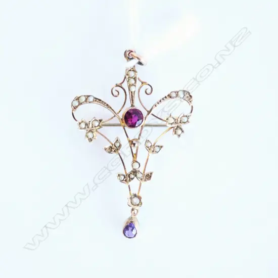 VINTAGE GOLD PLATE SEED PEARLS & 2 COLOURED STONE BROOCH, H. 50MM