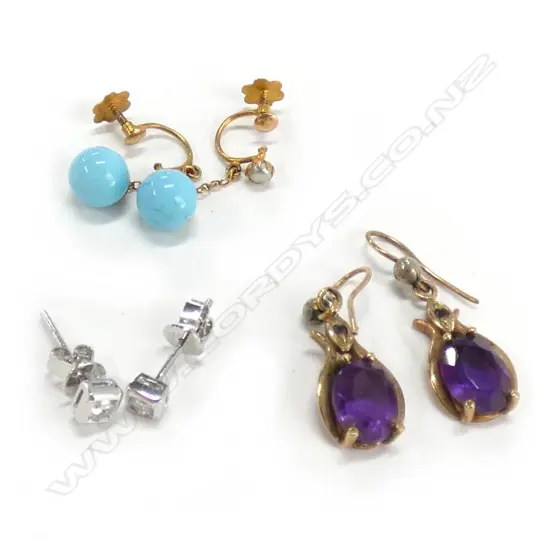 3 PAIRS EARRING DIAMOND 18CT WHITE GOLD, AMETHYST 9CT PALE BLUE GLASS 9CT