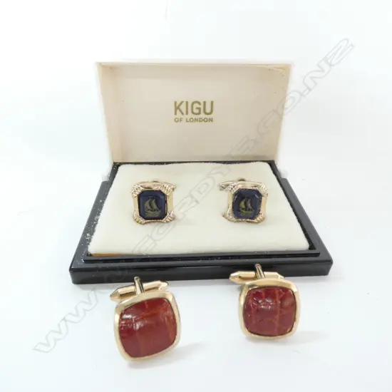 TWO PAIR CUFFLINKS, ONE KIGU BOXED, 1 LEATHER MADE IN ENGLAND
