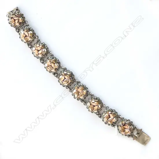 800 SILVER VINTAGE BRACELET SCULPTED FLORAL LINKS