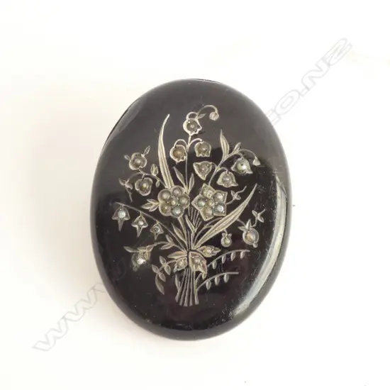 LATE VICT SILVER BLACK ENAMEL SEED PEARL PENDANT BROOCH