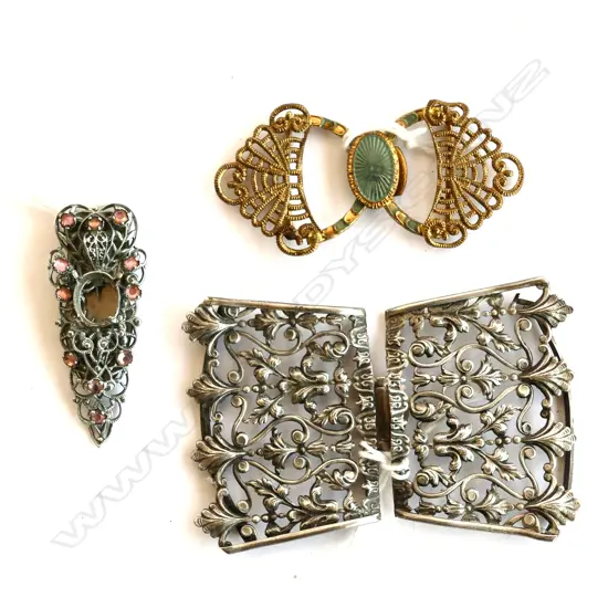 ART NOUVEAU GOLD & ENAMEL GALOCHE BELT BUCKLE, SILVER BELT BUCKLE & 1 COLLAR PIN 