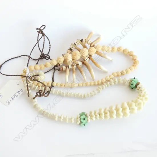THREE NECKLACES, 1 CARVED BONE, ONE TOOTH + ONE OTHER