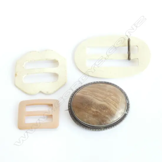  THREE OLD BELT BUCKLES & ONE STONE BROOCH