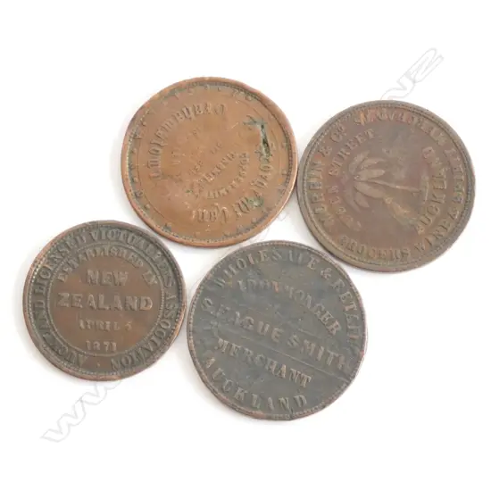 NZ tradesman Tokens, morrin and co, Hague Smith, Auck Victuallers Assoction,Geo McCaul, 4 Tokens, issued mid 1800s
