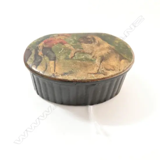 19thC PAPIER-MACHE SNUFF BOX (DOG AND BOY)