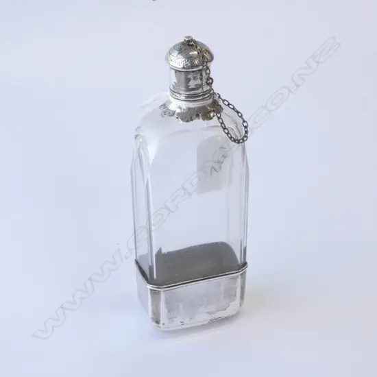 STERLING SILVER CASED GLASS FLASK, L. 150MM