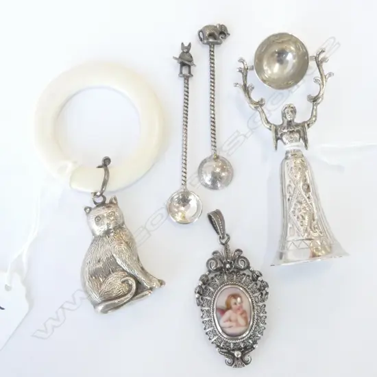 3 STG SILVER PCES; CHILDS TEETHING RING WITH CAT, FILIGREE SILVER PENDANT, DRINKING CUP + PR SPOONS 