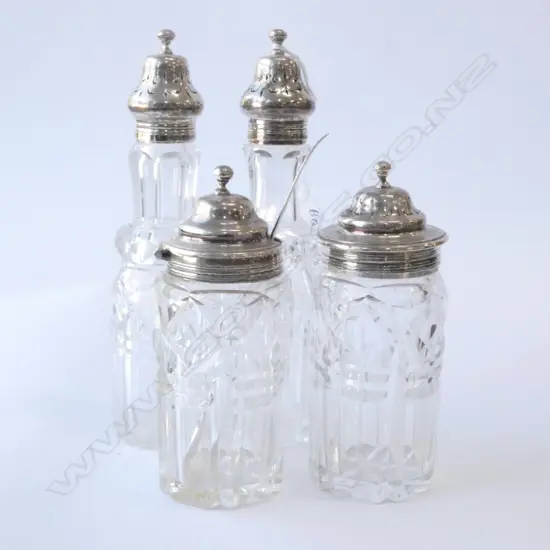 4 STG SILVER TOPPED CRYSTAL BOTTLES 