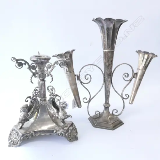 SILVER PLATE 3-DRAGON SINGLE CANDELABRA (H.220MM) & 3 STEM EPERGNE, H. 320MM