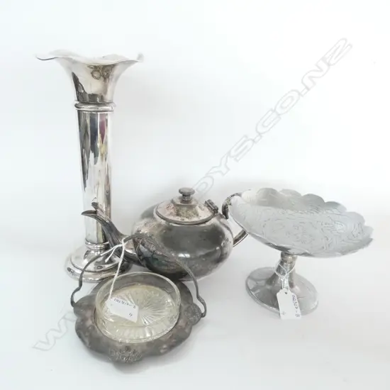 FOUR SILVER PLATE ITEMS, VASE, H. 265MM TEAPOT, BUTTER DISH, COMPORT