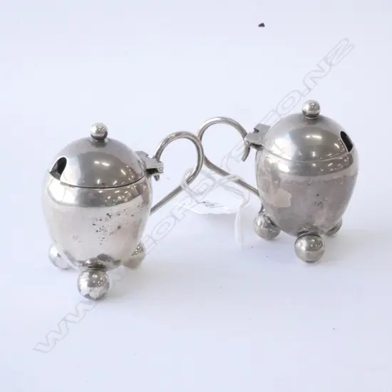 PAIR STG SILVER CONDIMENT CADDIES, ONE GLASS SLEEVE, LONDON, 1902, 83GM