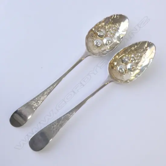 TWO STERLING SILVER BERRY TABLESPOONS, LONDON 1752, 109GMS