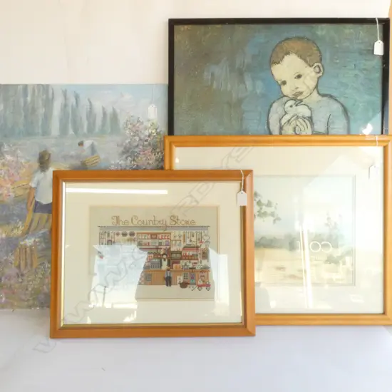 HELEN FARROW LANDSCAPE W/C, FRAMED CROSS STITCH, PICASSO PRINT, F. BROUGHTON OIL