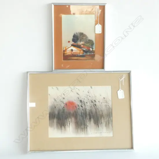 LOW WAI HIN (H.K/CANADA b.1939) W/C, SUMMER GRASS & RED SUN 195x245mm SIGNED, DATED '77 + SMALL W/C BUILDINGS & RED MOON