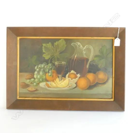 LATE 19thC OIL STILL LIFE PAINTING WINE JUG & FRUIT