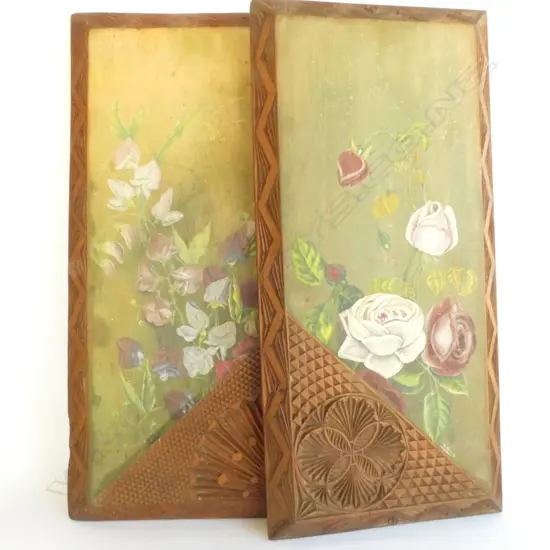 FRANCES TIZZARD PR CHIP CARVED & FLORAL PAINTED PANELS