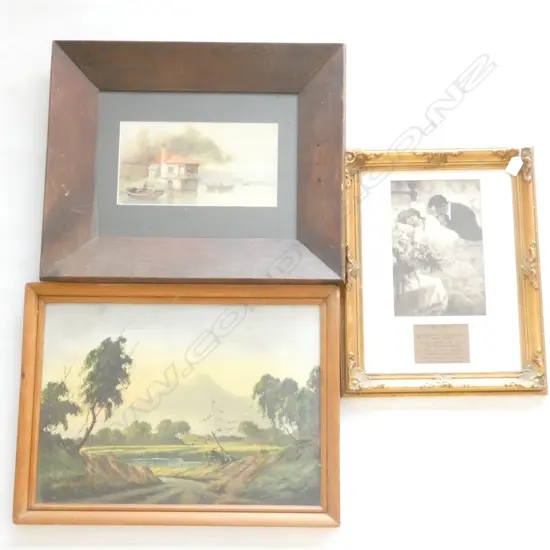 3 ARTWORKS; 'HER GIFT' PRINT, ADELINE SCOTT W/C 1910 + SIGNED LANDSCAPE
