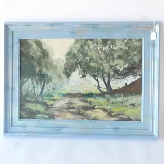 JOHN SPEEDY 'WILLOW TREES IN THE MIST', OIL ON CANVAS OVER BOARD, SIGNED, TITLE TO REVERSE, 1985, 395 X 595MM