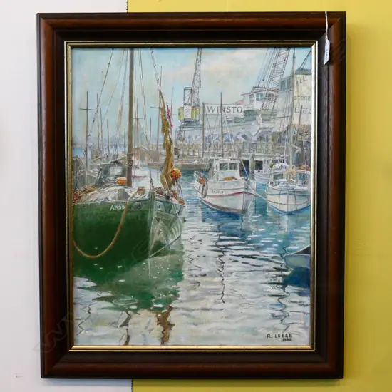 ROBERT LEESE BOATS IN HARBOUR OIL ON BOARD 485 X 390MM