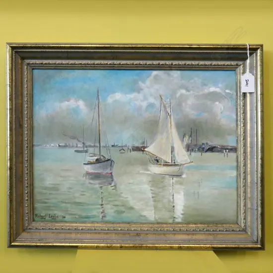 ROBERT LEESE BOATS IN HARBOUR OIL ON BOARD 285 X 390MM