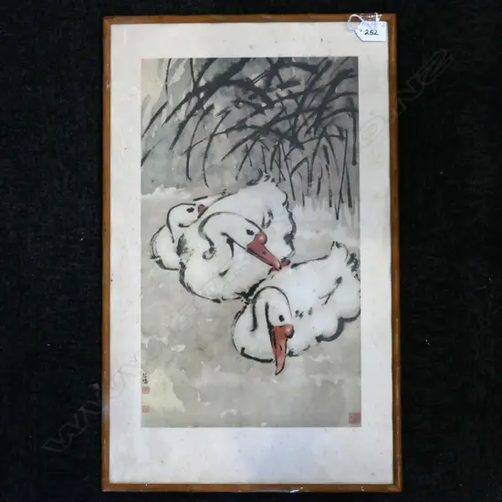 ORIENTAL WOODBLOCK PRINT OF SWANS, WITH FAUX BAMBOO FRAME, 440 X 260MM