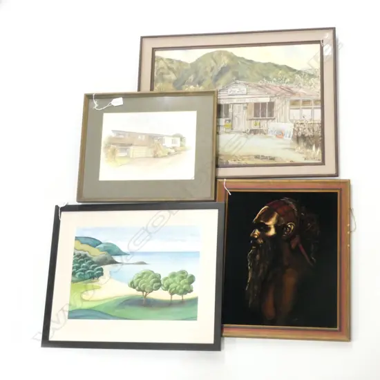 4 ARTWORKS - OIL ON BOARD + FELT PAINTING + WATERCOLOUR + SKETCH